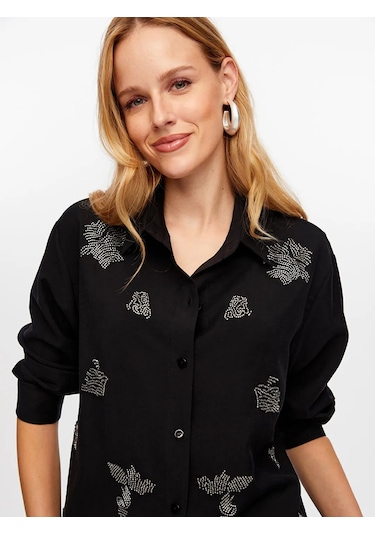 Faik Sönmez Boncuk Nakış Detaylı Tenselli Kadın Gömlek W26gml010 Siyah