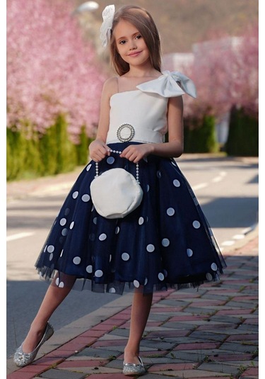 Riccotarz Kız Çocuk Tek Omuzlu Puantiye Detaylı Lacivert Abiye 001