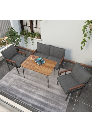 Mygusi Modern Balkon, Bahçe, Cafe - Metal Kanepe Koltuk Takımı - 2+1+1 Masa Koyugri Koyu Gri