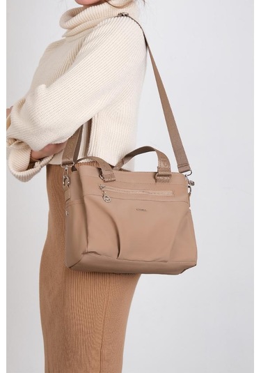 Kadın Omuz Çantası Saten Kumaş 35 25 Cm Çapraz Askılı Postacı Çanta Mega Bag Vegan Deri Kol Çantası Vizon