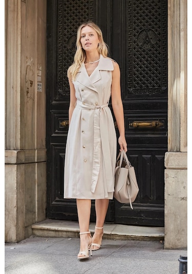 Kadın İpeksi Modal Likrasız Kumaş Anvelop Kruvaze Yakalı Cepli Bağcıklı Midi Boy Diz Altı Elbise-bej Bej