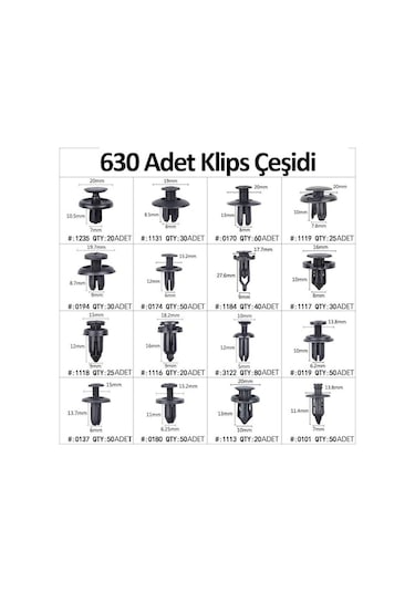 Klips Araba Kapı Tampon Plastik Panel İtme Pim Tutucu 630 Parça