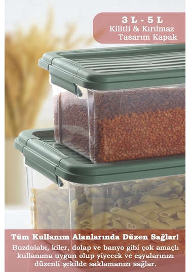 2'li Set Kilit Kapaklı Un Bakliyat Erzak Kabı - Çok Amaçlı Düzenleyici Deterjan Saklama Kutusu 3l-5l Yeşil