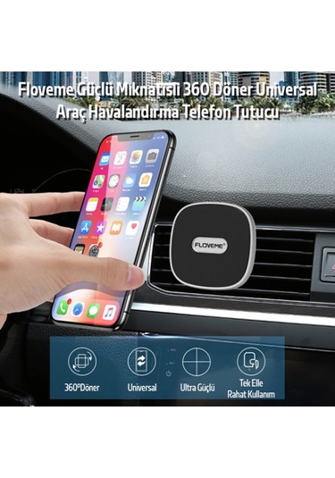 Floveme Güçlü Mıknatıslı 360 Döner Universal Araç Havalandırma T-Gri