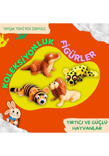 Tavşan Yumi Yırtıcı Ve Güçlü Hayvanlar Koleksiyonu- 4 Parça 5-7 Cm Hareketli Oyuncaklar Ve Bilgilendirici Kartlar "