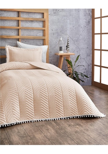 Evlen Home Ponponlu %100 Pamuk Tek Kişilik Günlük Yatak Örtüsü Pike Takımı Seti Bej