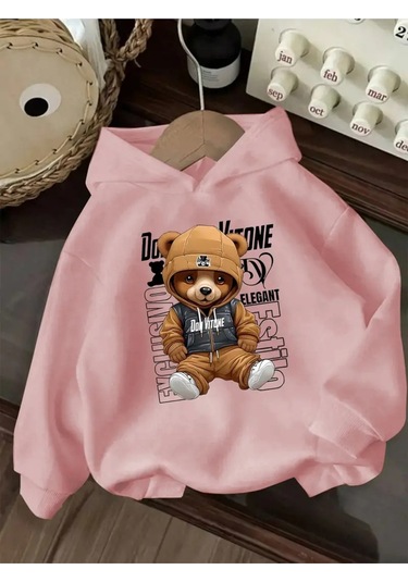 Kışlık Kapüşonlu Sweatshirt, Çocuk Ayıcık Baskılı Pembe
