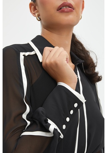 Şifon Ve Bağcıklı Midi Boy Elbise - Kontrast Şerit Detaylı - Günlük Ve Özel Günlük Şıklık Siyah