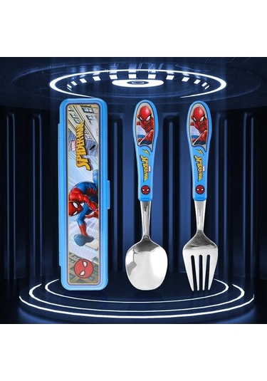 Fastbuy 3'lü Paslanmaz Çelik Örümcek Adam Kaşık Çatal Seti, Ahşap Kutulu, Taşınabilir Yeniden Kullanılabilir Sofra Takımı Ahşap