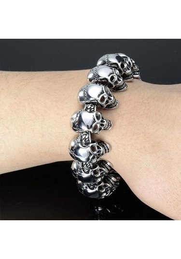 Novahub Gotik Kafatası Vintage Erkek Bileklik - Siyah Punk Paslanmaz Çelik Bilezik - Gümüş Renk Gümüş