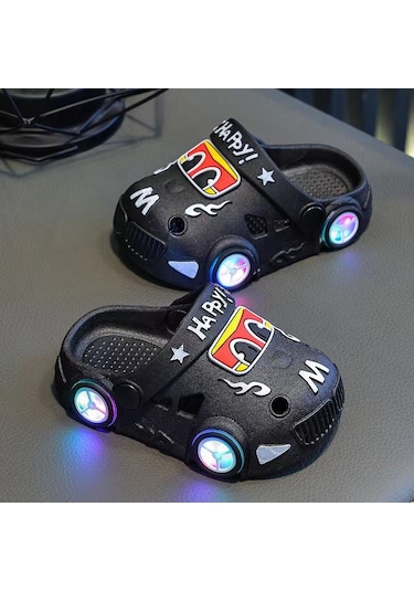 Uıowoo Çocuk Işıklı Araba Ve Dinozor Terlikleri - Kaymaz Eva Tabanlı Ve Delikli Tasarım - Plaj Ve Ev İçin Siyah