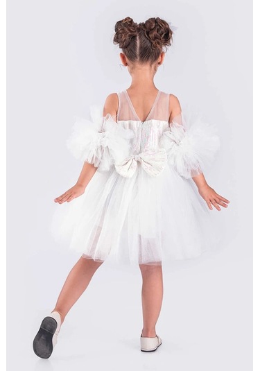 Kız Çocuk Abiye Elbise Ponpon Kol Pul Payetli Tütülü Beyaz