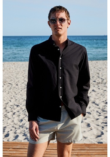JEZER Erkek Hakim Yaka Uzun Kollu %100 Pamuk Regular Fit Siyah Gömlek