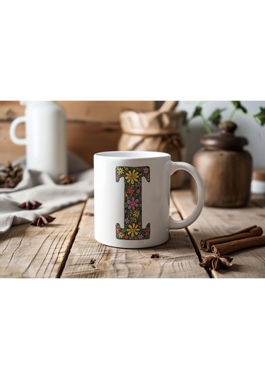 I Baş Harf Çiçek Desenleri İle Natural Tarz Kupa Bardak - Kişiye Özel Çiçekli Kahve Çay Bardak - Beyaz