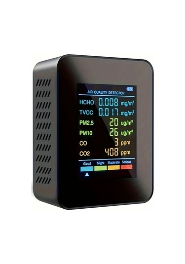 Boatshop1 5 İn 1 Hava Kalite Monitörü Pm2 5 Pm10 Hcho Tvoc Co2 Dedektörü Gerçek Zamanlı Usb Şarjlı Pil Renkli Lcd Ekran Siyah