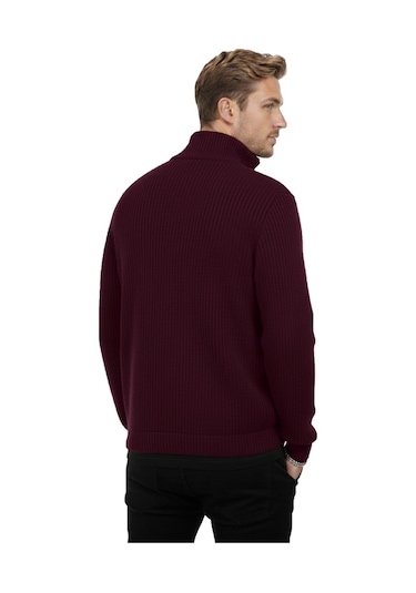 Deepsea Erkek Bordo Yarım Fermuarlı Oversize Kesim Triko Kazak %100 Pamuk, Yumuşak Dokulu Örgü Kazak 2608511 Bordo