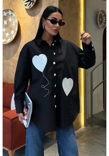 Kalp Nakışlı Ve Düğme Detaylı Oversize Gömlek 3430 Si Yah