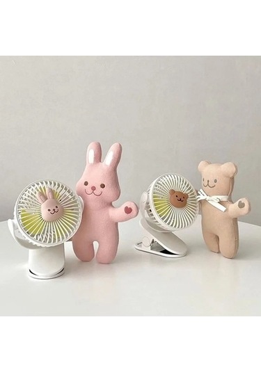 Novahub Kore Arabası Klips Fanı, Sevimli Ayı Tavşan, 11.5x12.7x16.5cm, 4000-6000mah, 3-6h, 3 Yönlü Rüzgar, Çevik, 3-6 Yaş, Usb 01