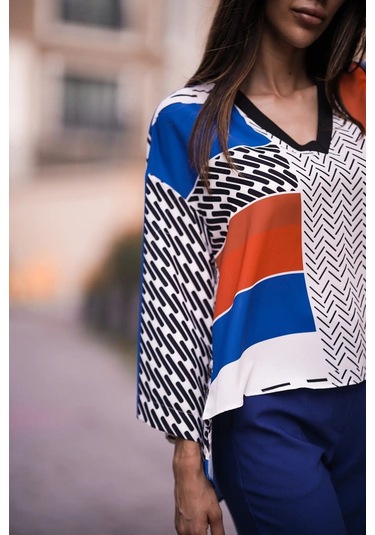 Kadın Geometrik Desenli Blok Renkli Bluz Frn1103 Mavi