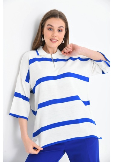 Polo Yaka Fermuarlı Çizgili Salaş Mevsimlik Trko Kazak Saks Saks Mavisi