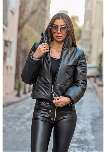 Kadın Siyah Dik Yaka Kısa Deri Şişme Mont