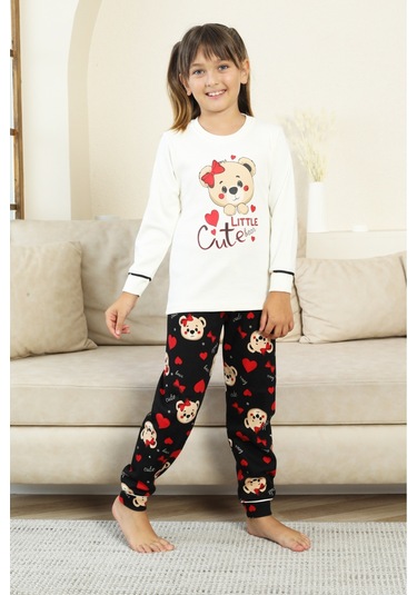 Kız Çocuk Ayıcık Baskılı %100 Pamuk İnterlok Kumaş Pijama Takımı 12347 Ekru