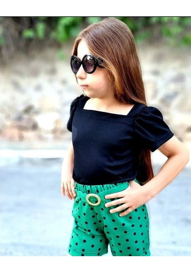 MODAVALS KIZ ÇOCUK PUANTİYELİ KEMERLİ ŞORT VE BLUZ KOMBİN - YEŞİL Yeşil