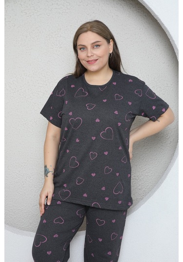 Fames Pijama Büyük Beden Pembe Kalp Desenli Pijama Takim Koyu Füme