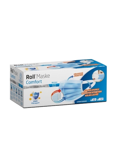 Roll Maske Comfort 3 Katlı Lastikli Cerrahi Maske 50 Adet