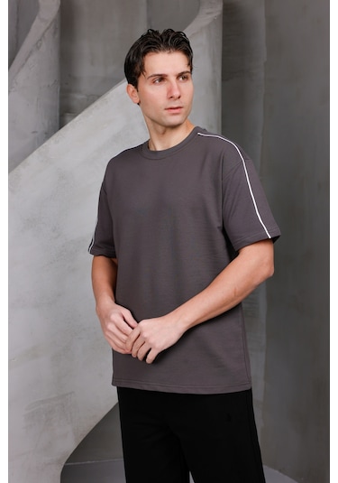 Erkek Şeritli Oversize Bisiklet Yaka 2 İki İplik Kompakt T-shirt Kahverengi