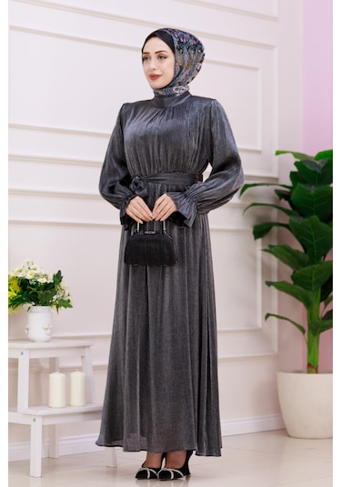 Kolu Volanlı Simli Alya Abiye-antrasit-4874