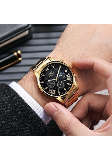 Yingfu Siyah Tarih Göstergeli Paslanmaz Çelik Kuvars Erkek Saati Siyah