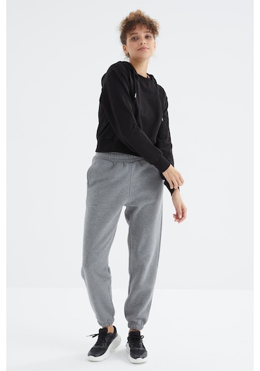 Tommy Life Gri Melanj Yüksek Bel Şardonlu 3 İplik Pamuklu Basic Kadın Eşofman Alt - 94624 GRİ MELANJ
