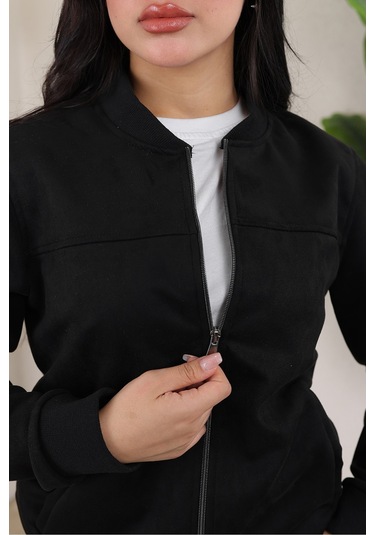 Bomber Kolej Su Geçirmez Ceket Siyah Süet