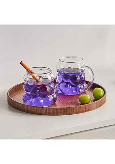 Yuntech01 Cam Kupa Üzümlü Desenli, 350 Ml, Pyrex, Şeffaf, Tek Adet Şeffaf