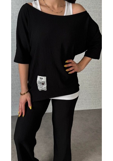 Sensuelle Kadın Kısa Kollu Omuzlardan Açık Yarasa Kollu Bürümcük Bluz Ve Pantolon Ve Viskon Atlet Siyah