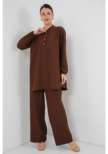 Bigdart 6678 Keten Tunik Pantolon İkili Takım - Kahverengi