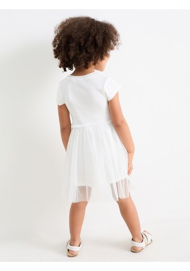 Önü Taşlı Tüllü Kız Çocuk Elbise Beyaz