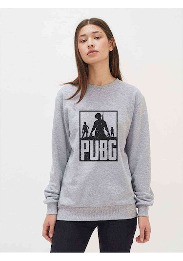 Pubg 3 Adam Team Baskılı Gri Kadın Sweatshirt