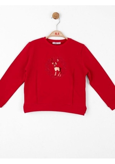 Kız Çocuk Parlak Geyik Baskılı Sweatshirt-13487 Kırmızı