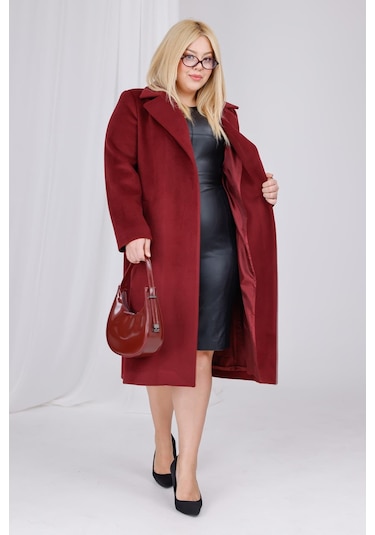Kadın Bordo Yün Kaşe Kemer Ve Astar Detay Büyük Beden Kaban Bordo