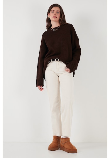 Lela Regular Fit Bisiklet Yaka Basic Triko Bayan Kazak 4616213 Kahve