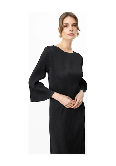 Ekol Kadın Akordiyon Kumaş Maxi Boy Elbise 5920 Siyah Siyah