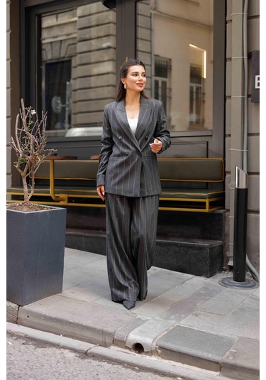 4 Düğmeli Kruvaze Geniş Çizgili Takım Antrasit Antrasit