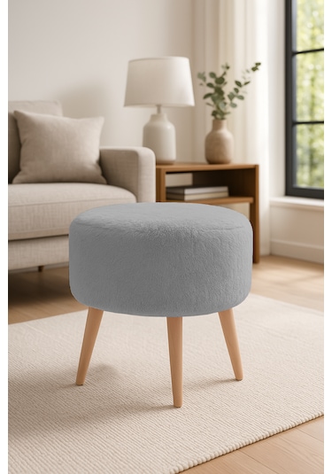 Yuvarlak Puf - 40cm - Welsoft Kumaş - Gri