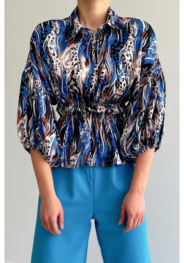 Beli Lastikli Saten Gömlek - Mavi Karışık Çok Renkli