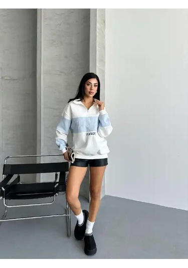 Yarım Fermuar Ikı Renklı Sweat Mavi