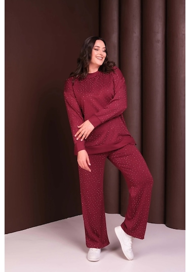 Önü Taş Baskılı Alt-üst Takım Bordo