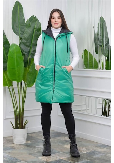 Neşeli Butik Kadın Yeşil Kapüşonlu Kapitone Çift Taraflı Yelek Nb0002 Yeşil