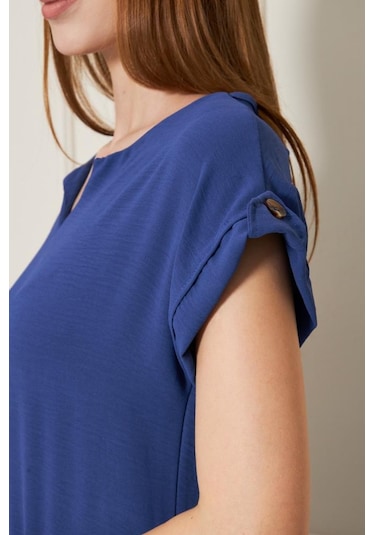 Kadın Uzun Eteği Fırfırlı Kısa Kol Apolet Detaylı Salaş Günlük Rahat Elbise 3761366 İndigo